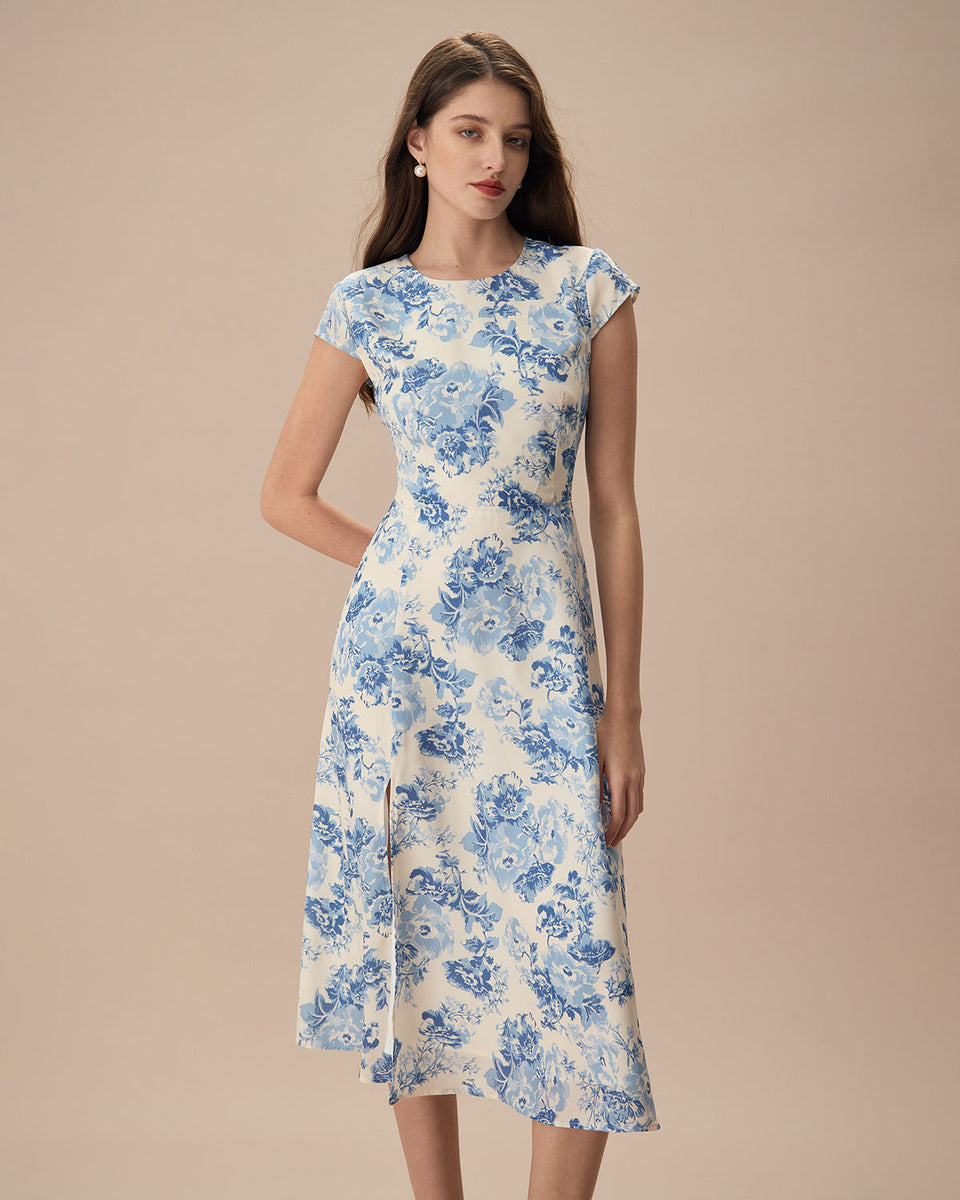 The Blue Round Neck Cap Sleeve Floral Midi Dress Reviews Blue Dresses RIHOAS