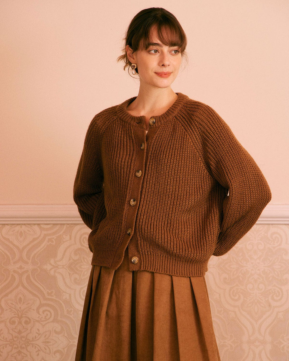 The Brown Round Neck Ribbed Knit Cardigan & Reviews - Brown - Tops | RIHOAS