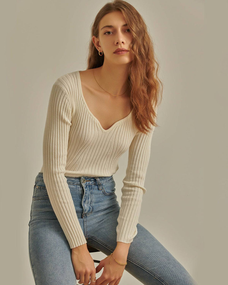 The Basic Teardrop Ribbed Top - White Ribbed, V Neck, Long