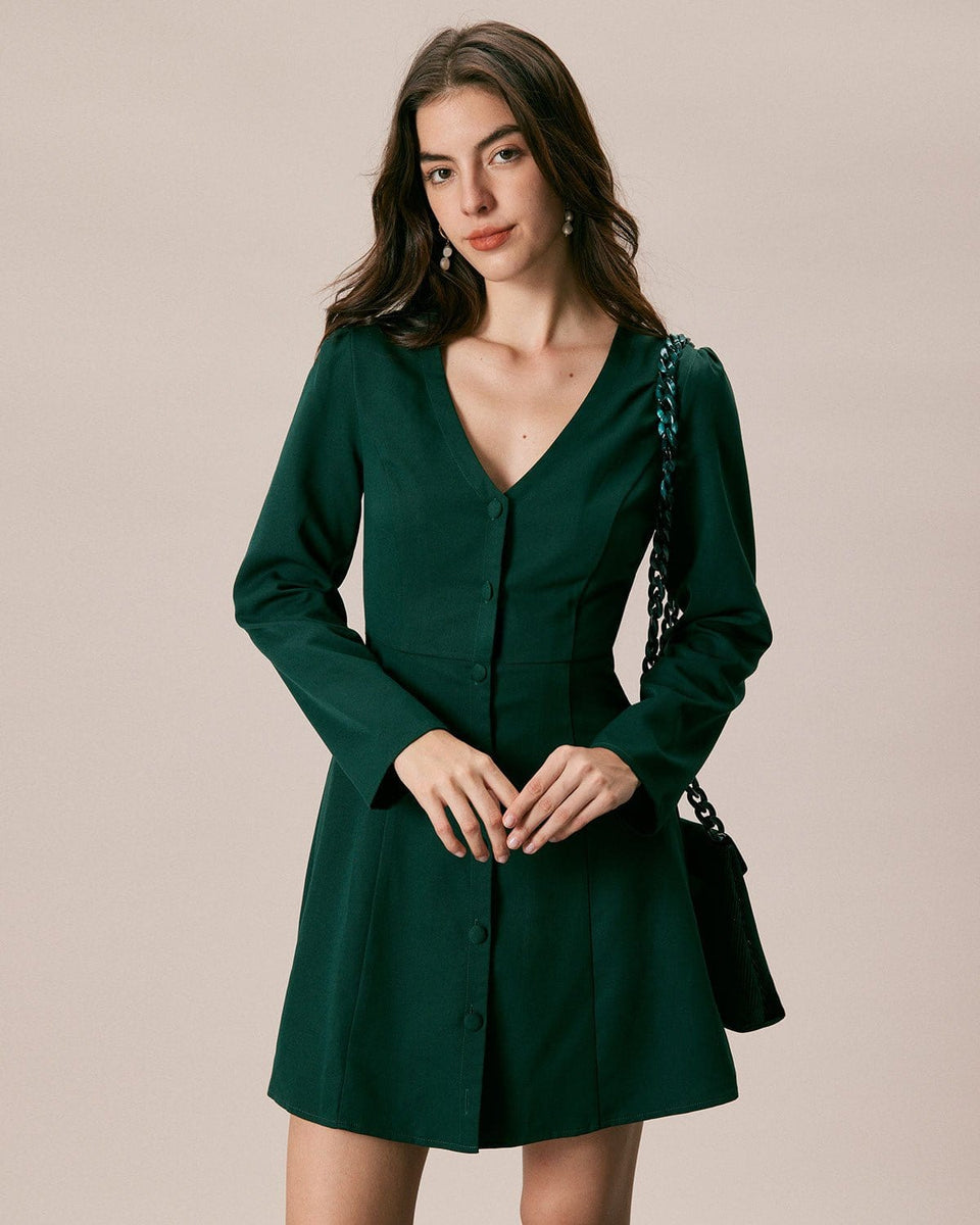 Plaid Shirt Dress V Neck Buttons Green Maxi Dress - Power Day Sale