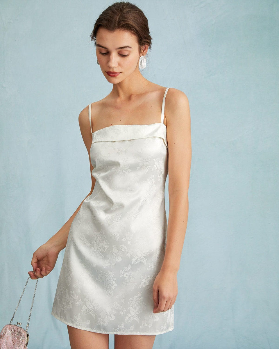 The White Jacquard Sling Mini Dress - White Floral Jacquard Sleeveless  Dress - White - Dresses | RIHOAS