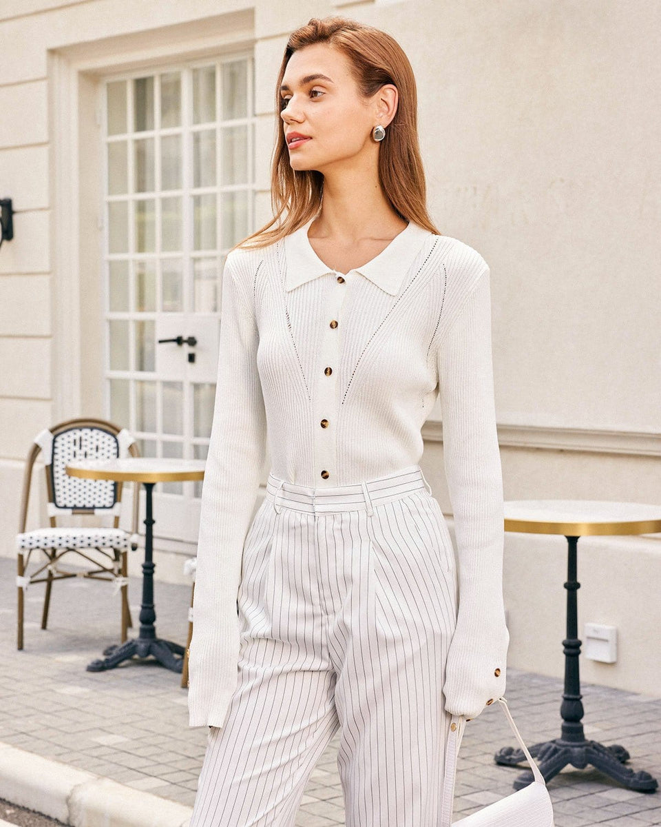 The White Lapel Pointelle Button Knit Top - White Pointelle Long Sleeve  Knit Top - White - Tops | RIHOAS