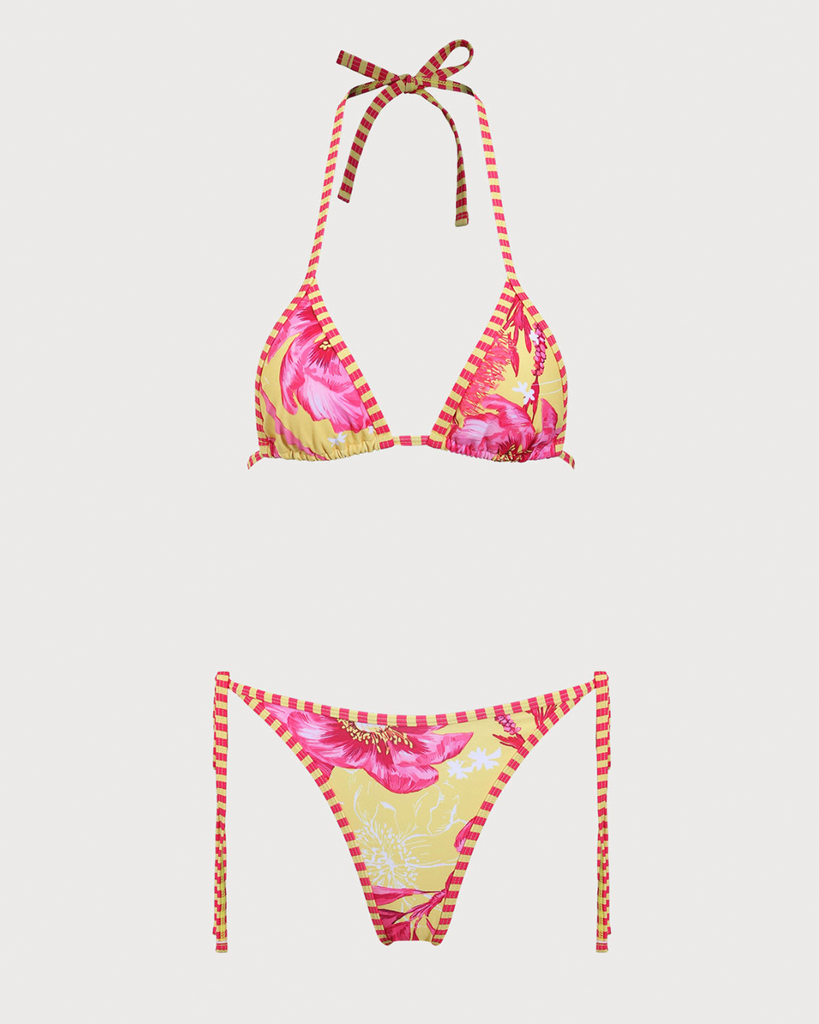 Yellow Floral Halter Drawstring Triangle Bikini Set