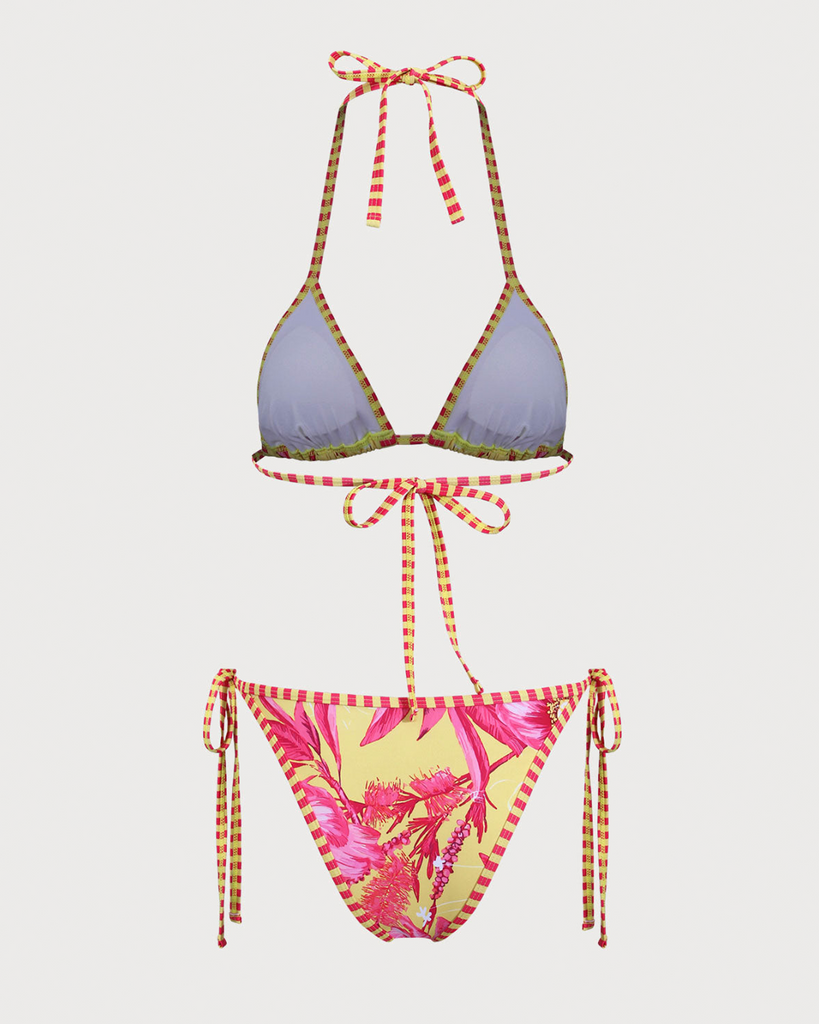 Yellow Floral Halter Drawstring Triangle Bikini Set