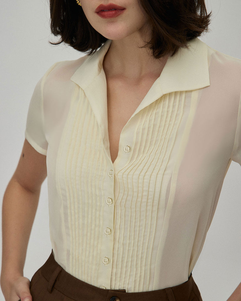 The Beige V Neck Pleated Chiffon Blouse