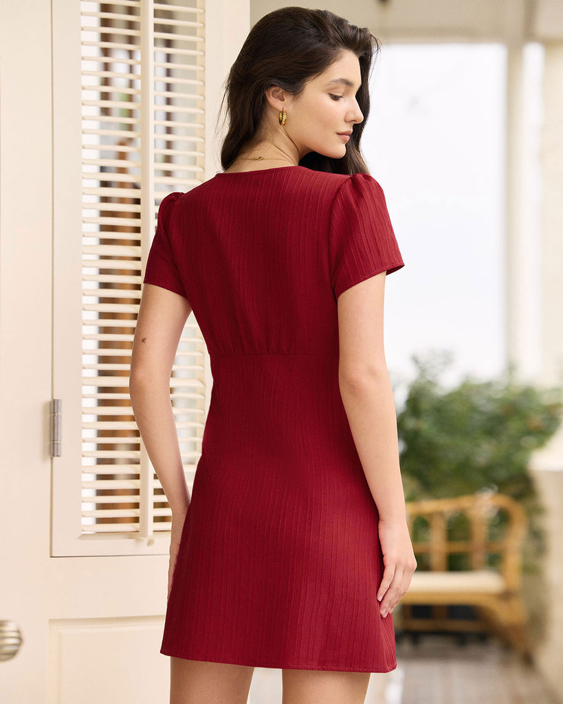 The Red V Neck Button Mini Dress Dresses - RIHOAS