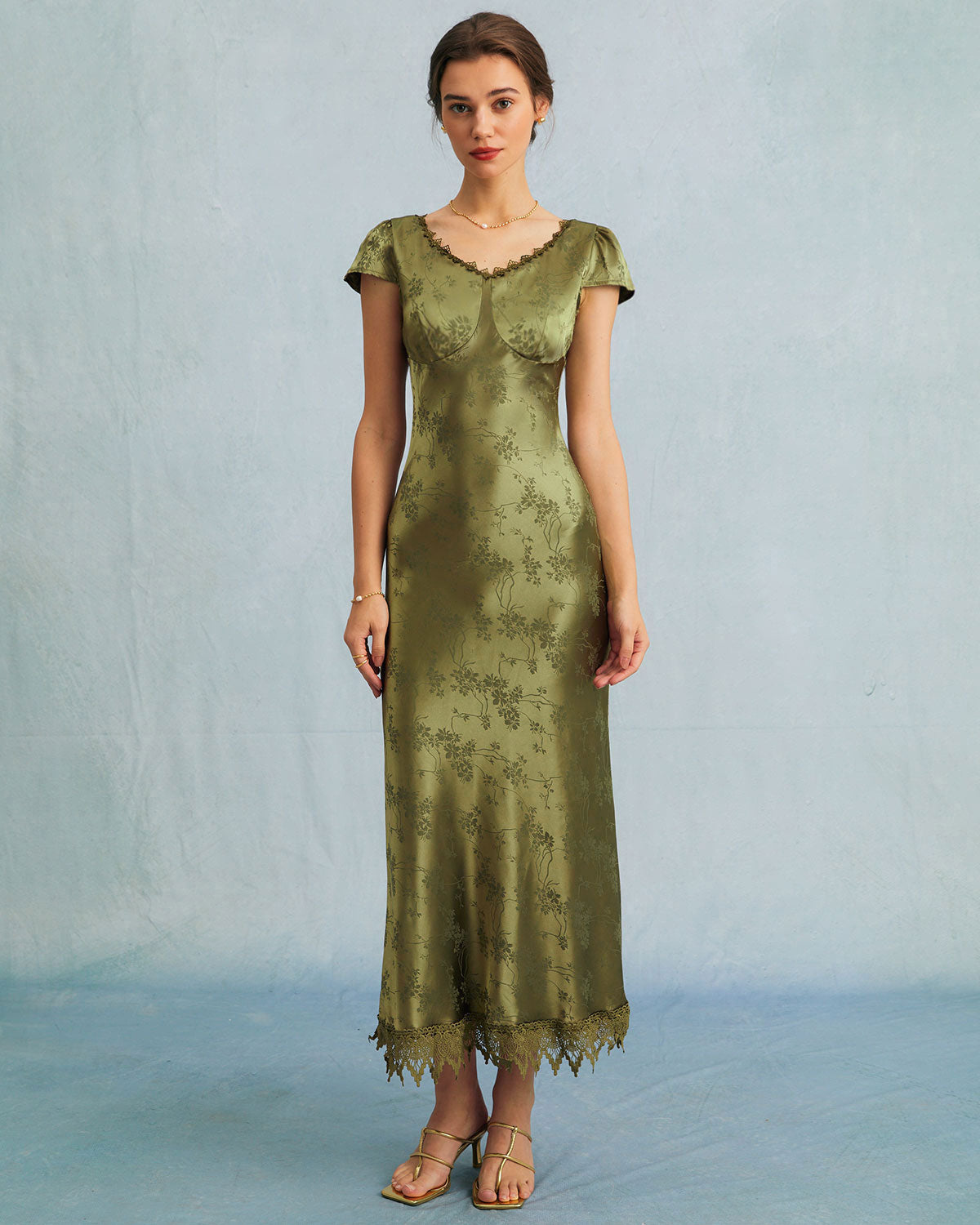 TheGreenJacquardCapSleeveSatinMidiDress