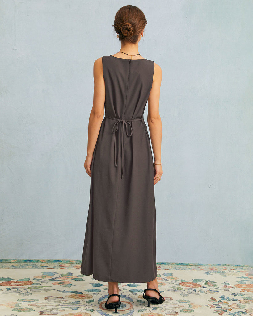 Grey U Neck Tie Back Sleeveless Maxi Dress