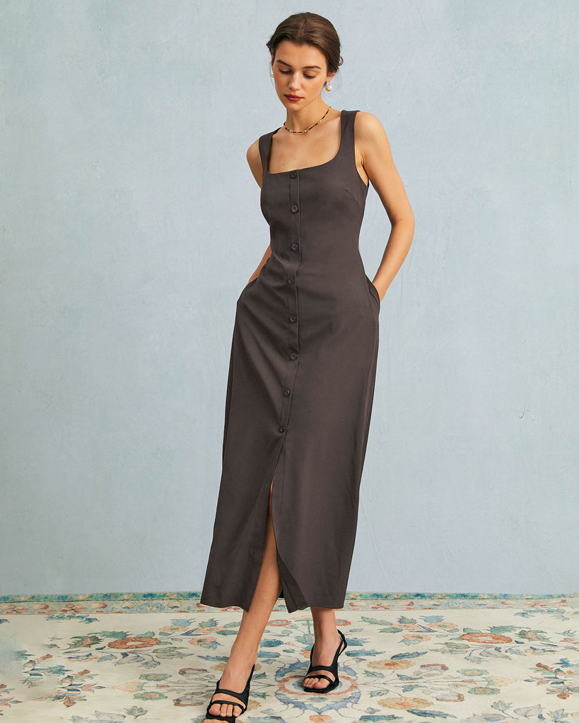 Grey U Neck Tie Back Sleeveless Maxi Dress