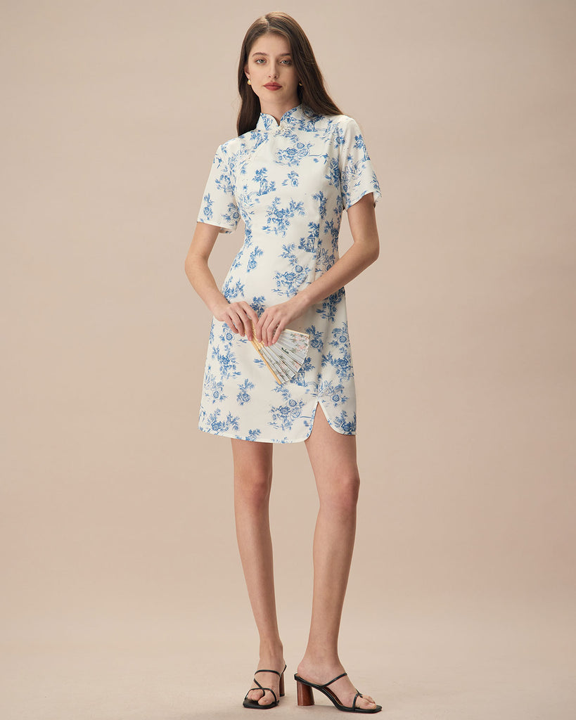 The Mandarin Collar Blue Floral Cheongsam Print Dresses - RIHOAS