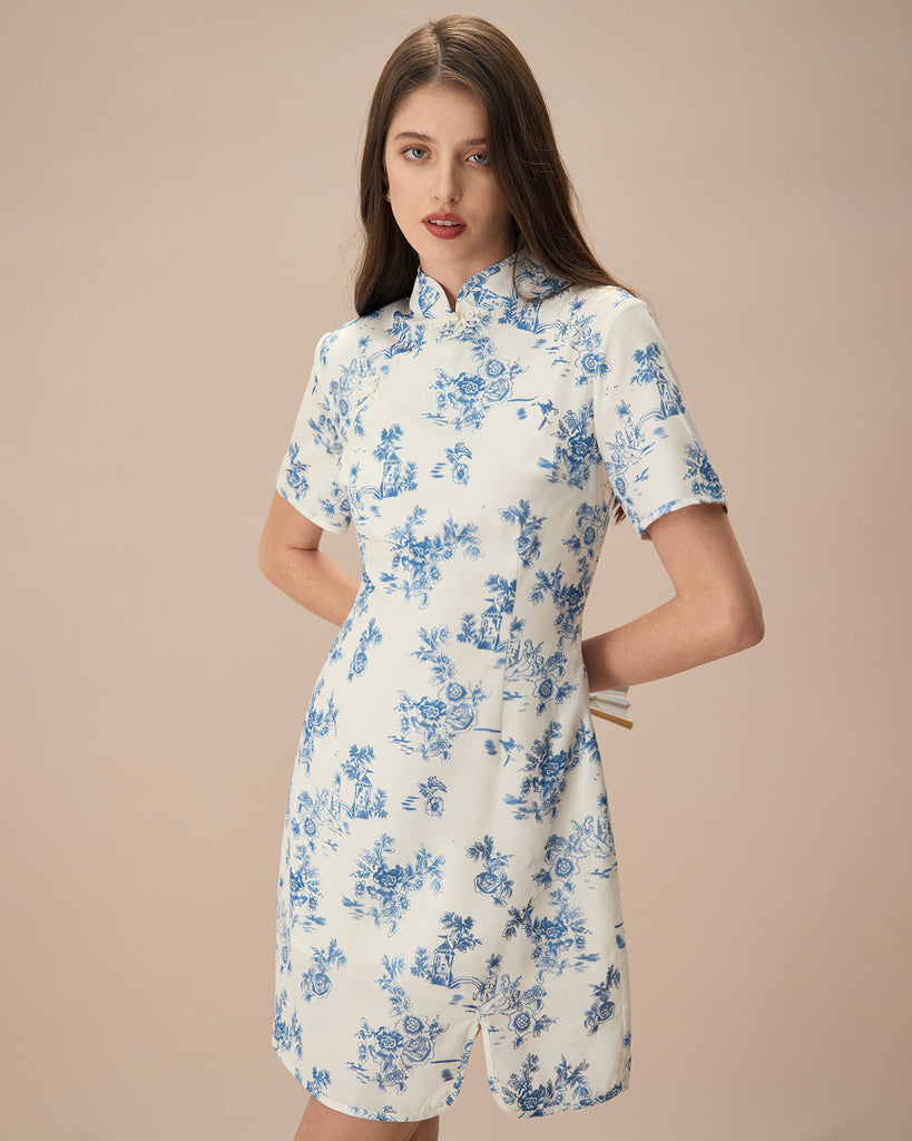 The Mandarin Collar Blue Floral Cheongsam Print Dresses - RIHOAS