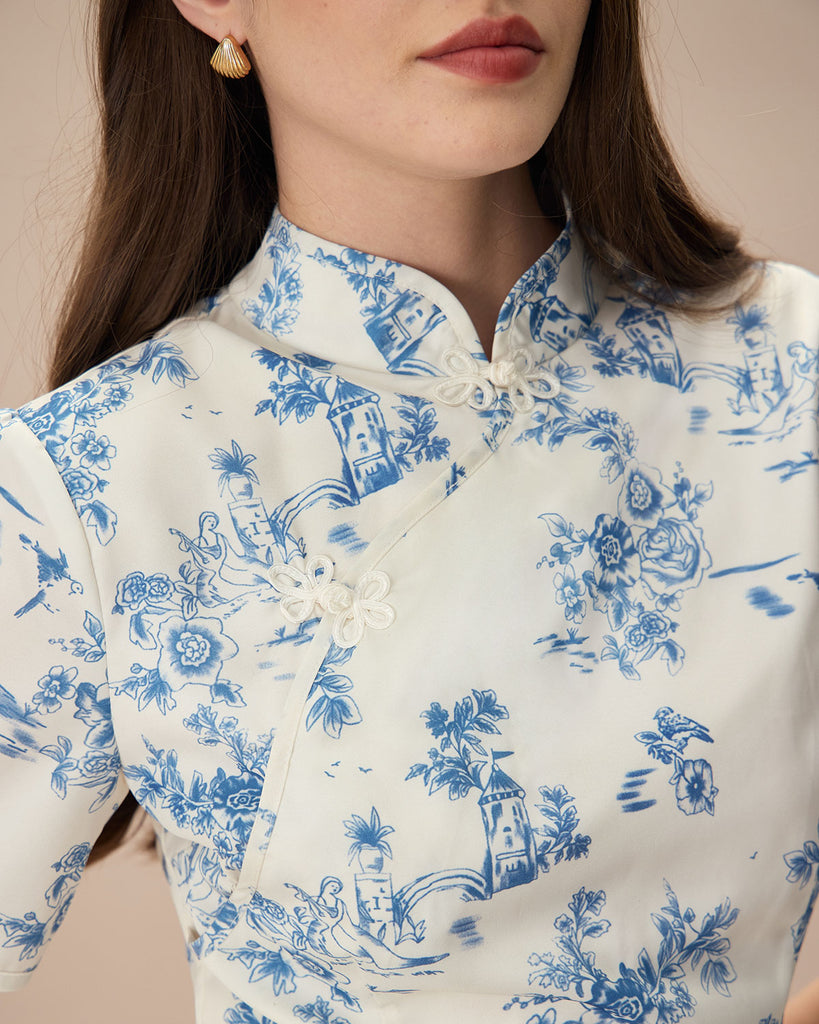 The Mandarin Collar Blue Floral Cheongsam Print Dresses - RIHOAS