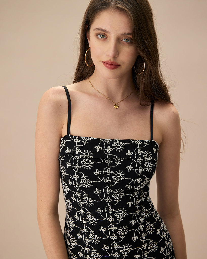 The Black Floral Embroidery Mini Dress Dresses - RIHOAS