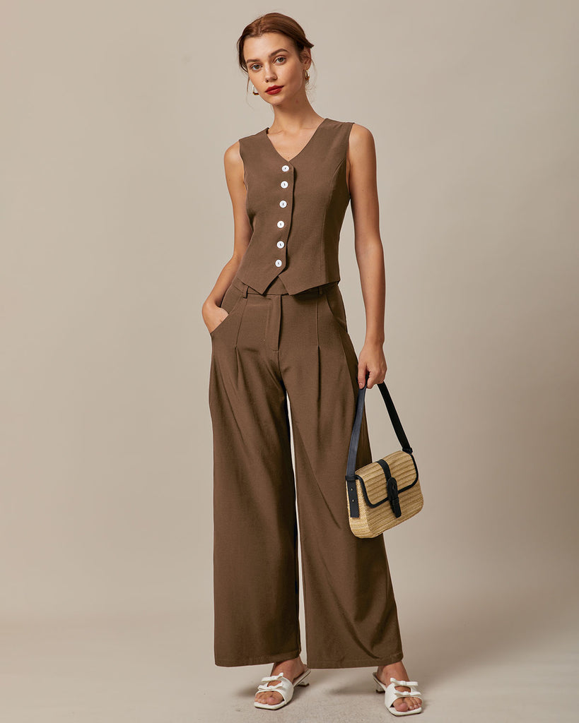 Brown High Waisted Pockets Straight Pants