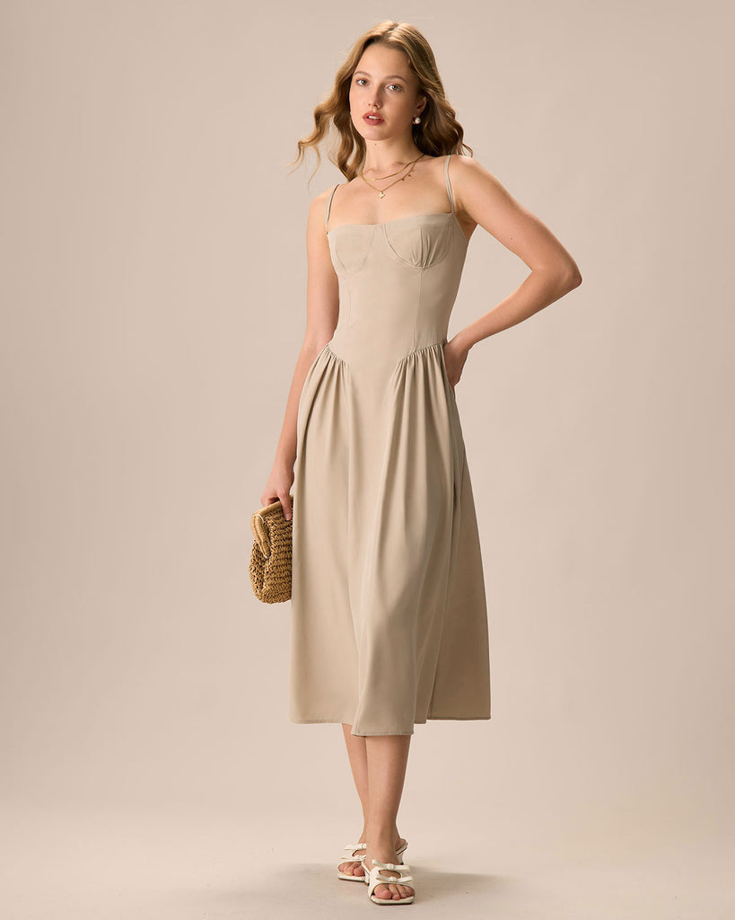 Women's Khaki Ruched Slip Midi Dress