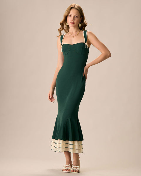 Darling 1960s Green hot and White Sweetheart Halter Neck Maxi Dress with Mitered Stripes (XS/S)