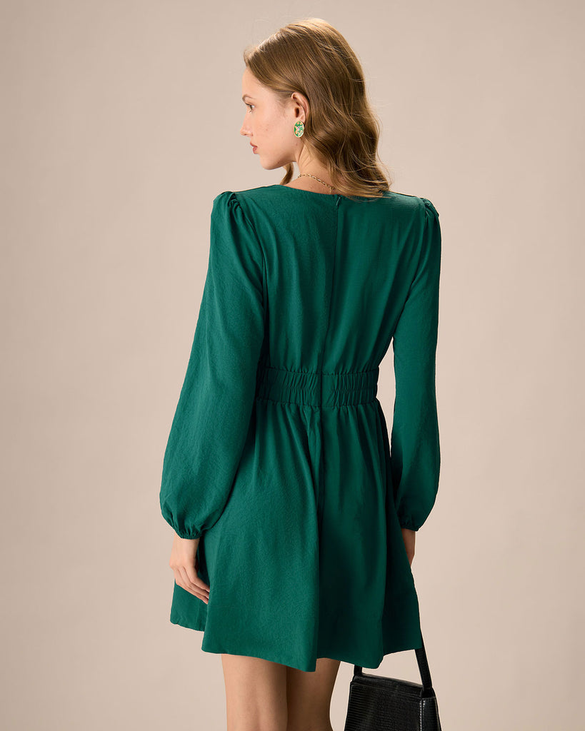 Women's Green Ruched Long Sleeve Mini Dress