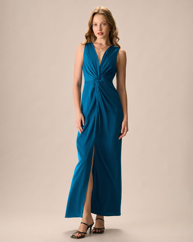 Women's Blue Twist Ruched Slit Satin Maxi Dress