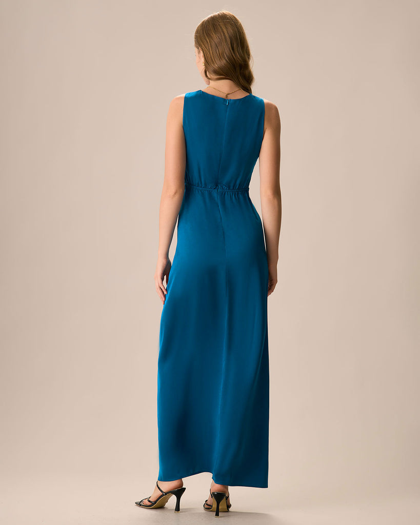 Women's Blue Twist Ruched Slit Satin Maxi Dress