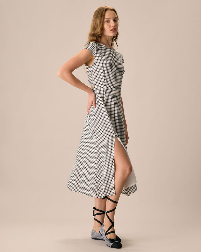 The Black Round Neck Cap Sleeve Plaid Midi Dress