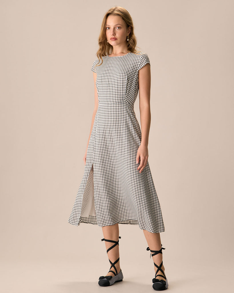 The Black Round Neck Cap Sleeve Plaid Midi Dress