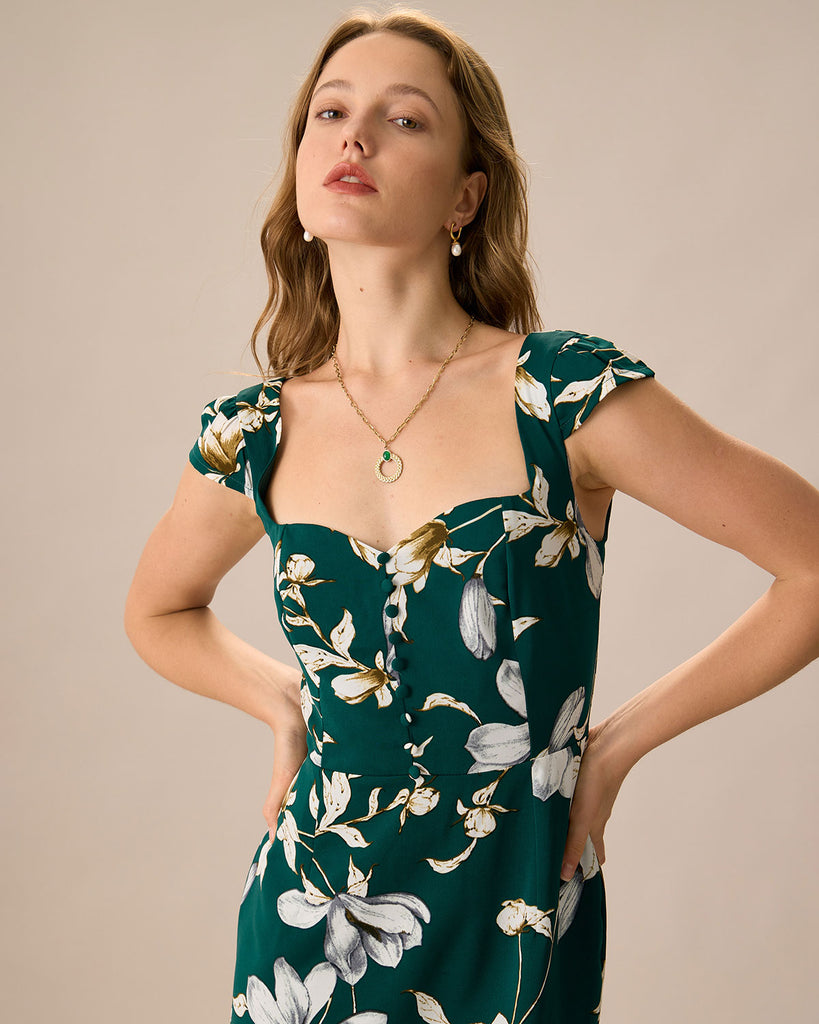 The Green Sweetheart Neck Cap Sleeve Floral Midi Dress