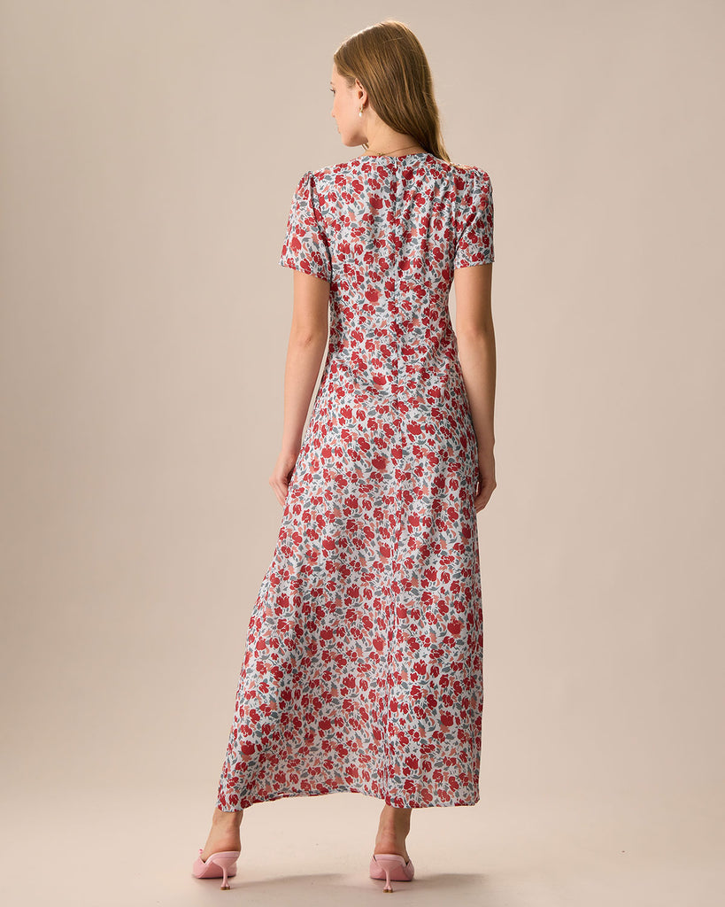 Women's Red V-Neck Ruched Floral Maxi Dress