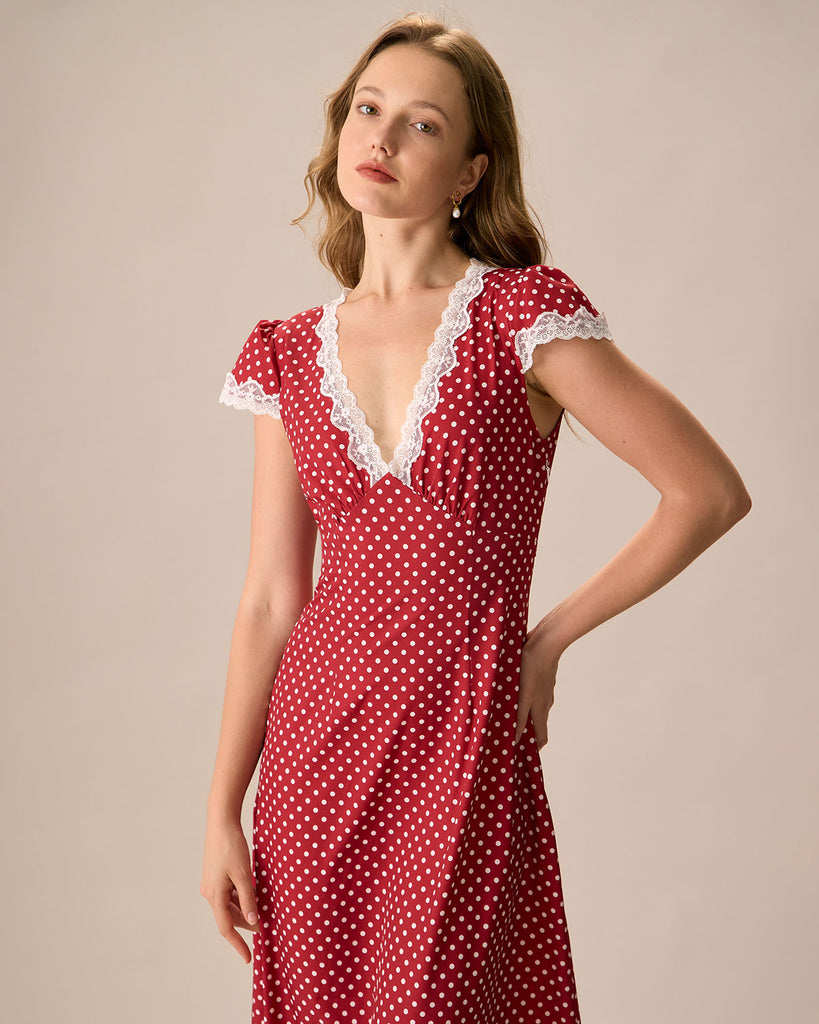 The Red V Neck Polka Dot Lace Ruched Maxi Dress