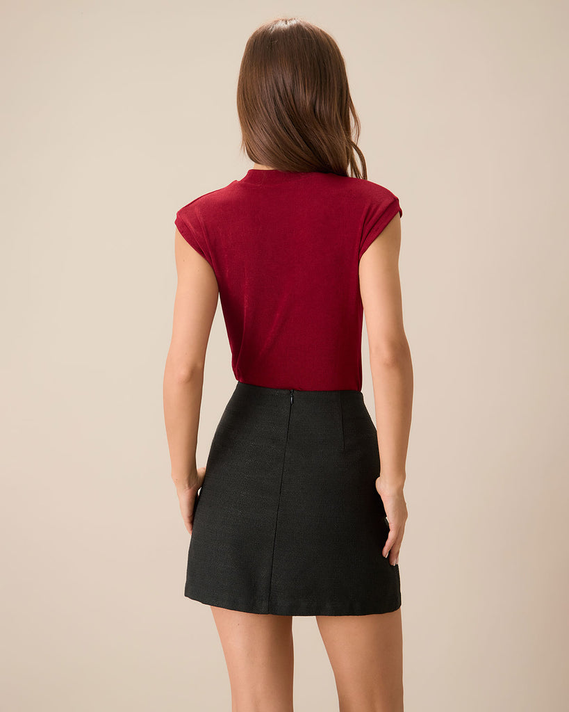 Women's Wine Red Mock Neck Sleeveless Knit Top