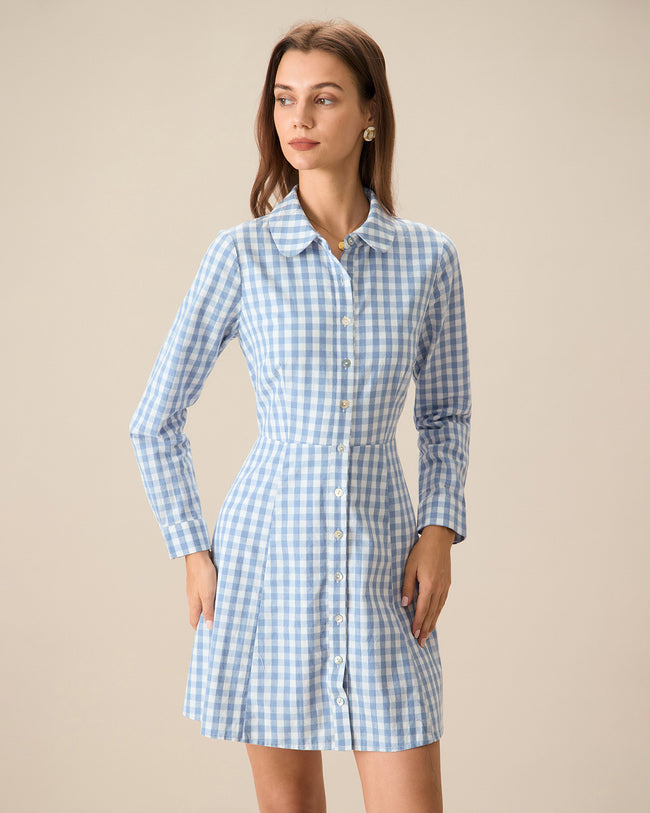 Plaid blue and white dress best sale