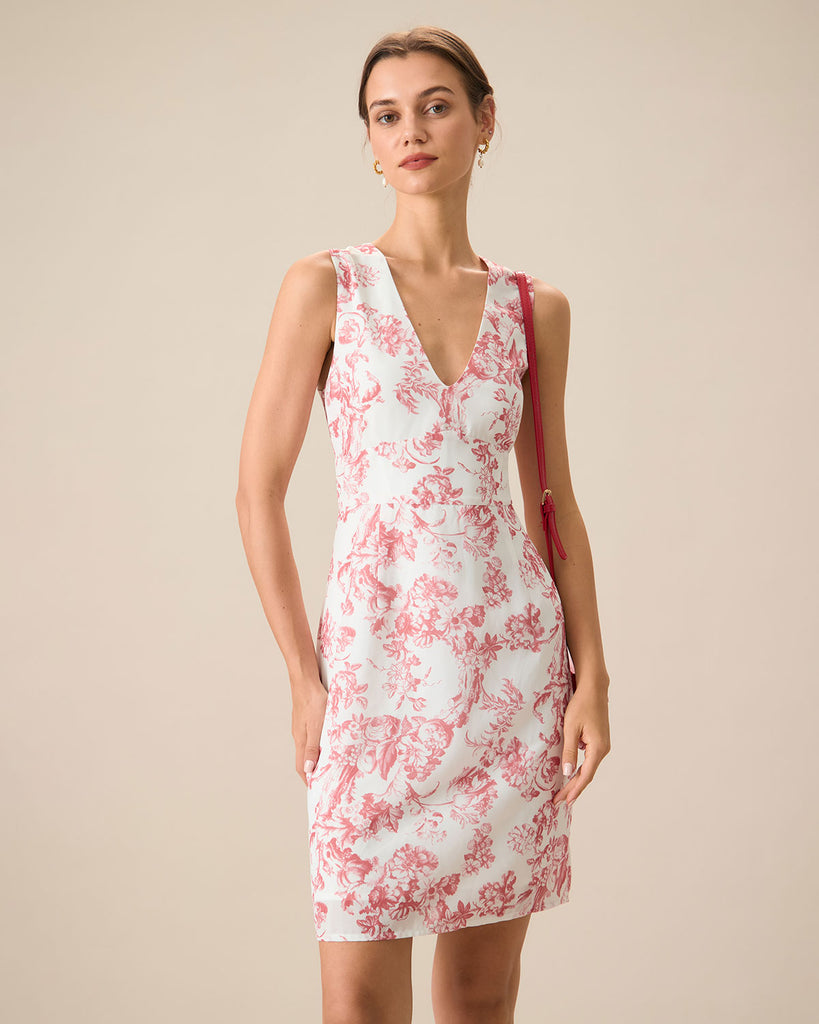 Women's Red V-Neck Sleeveless Floral Midi Dress