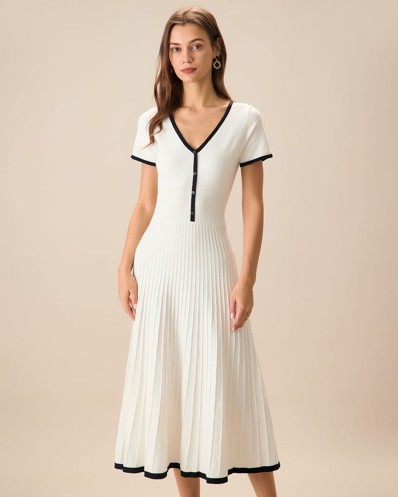 Women's White Contrasting Sweater Midi Dress