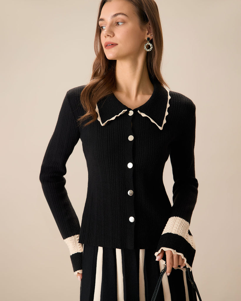 Women's Black Splicing Button Ribbed Cardigan