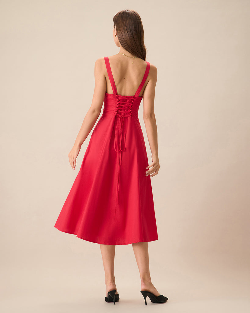 Women's Red Square Neck Ruched Slip Midi Dress