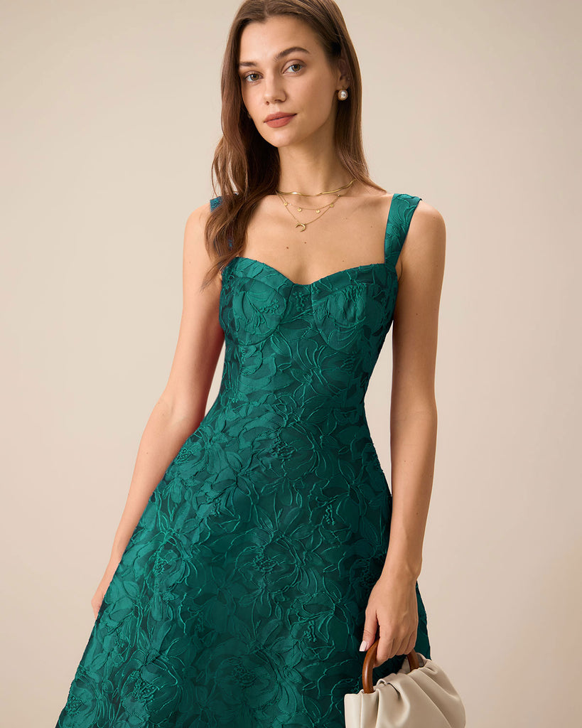 Green Sweetheart Neck Jacquard Midi Dress