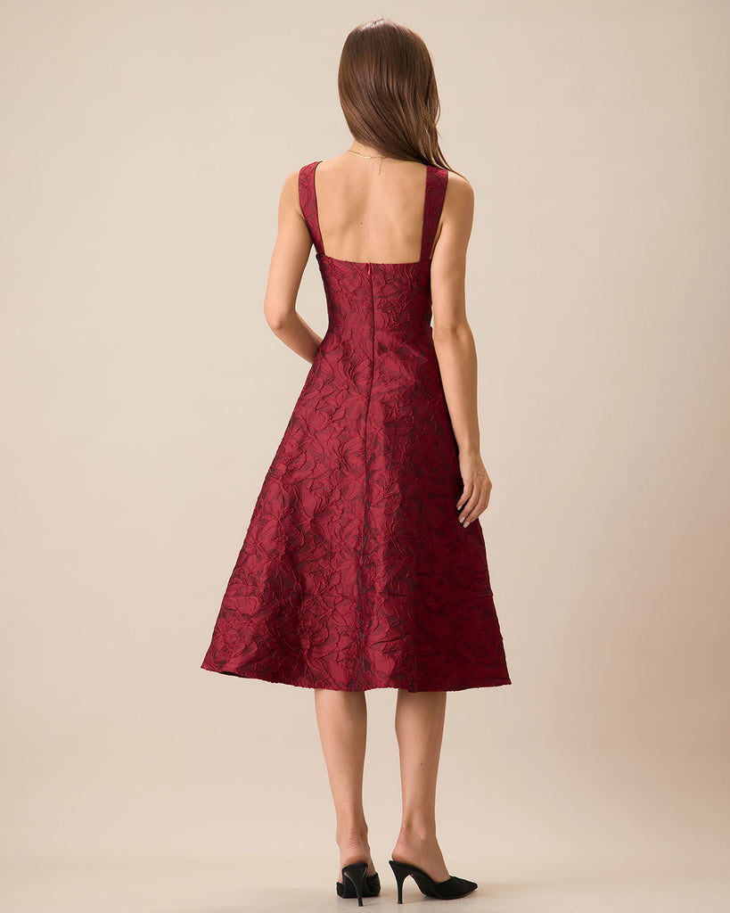 The Red Sweetheart Neck Jacquard Midi Dress