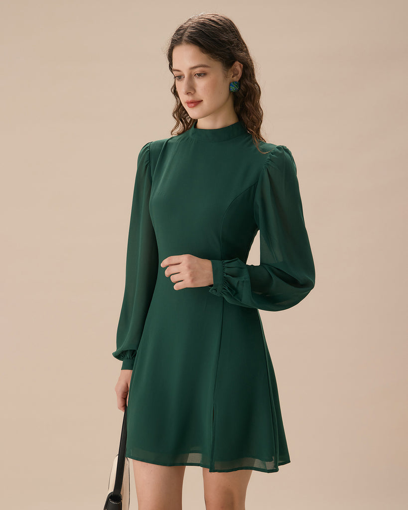 The Green Stand Collar Sheer Slit Mini Dress