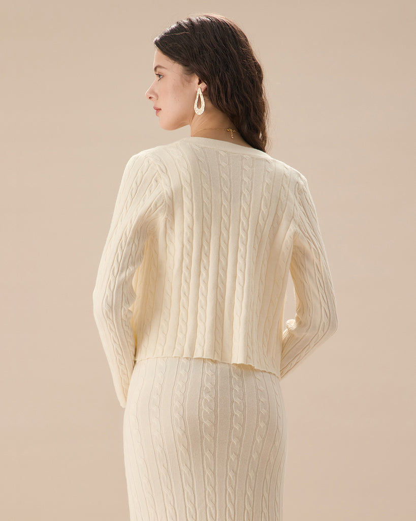 Women's Beige Ribbed Knit Single-breasted Cardigan