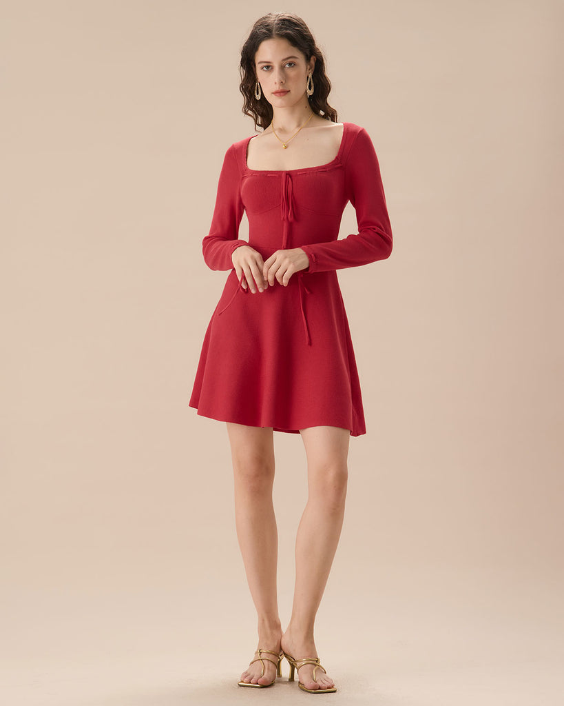 Red Square Neck Sweater Mini Dress