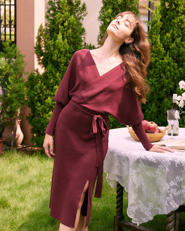 The Batwing Sleeve Belted Sweater Dress Wine Red Dresses - RIHOAS