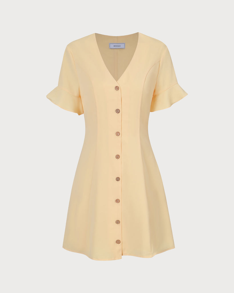 The Yellow V Neck Ruffle Mini Dress Dresses - RIHOAS