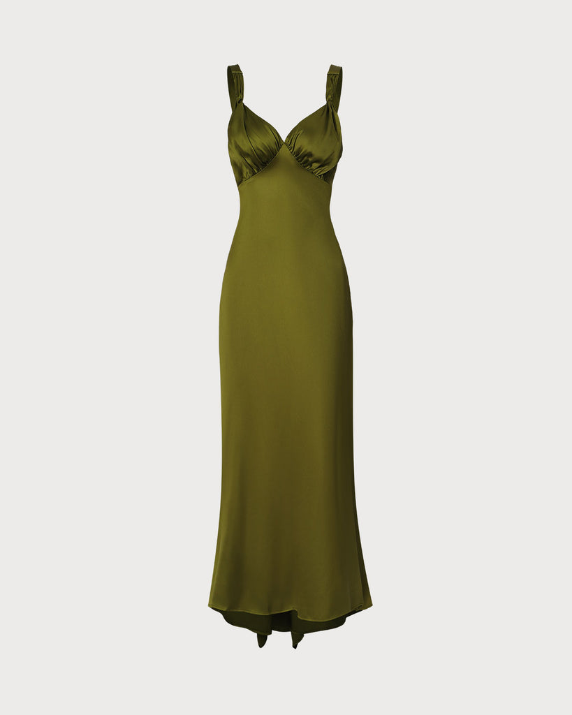 The Green V Neck Ruched Satin Maxi Dress Dresses - RIHOAS