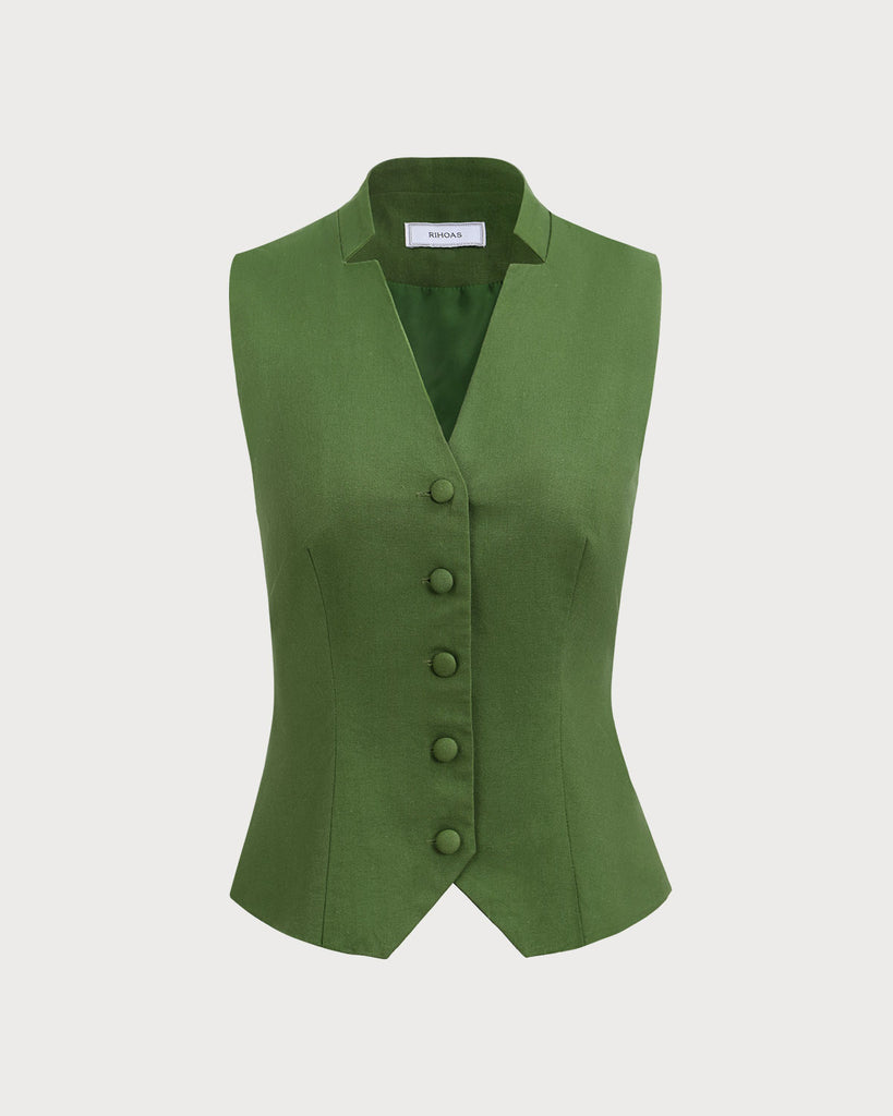 Women's Green Single Breasted Cotton Linen Vest