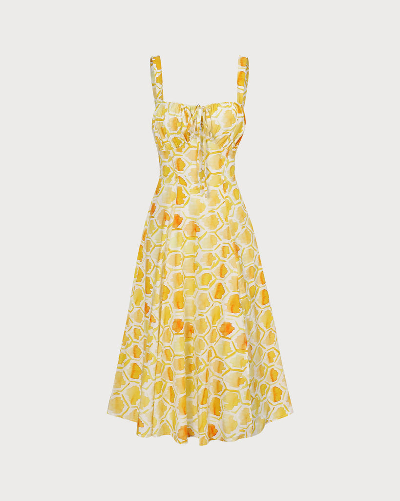 The Yellow Square Neck Tie Midi Dress Dresses - RIHOAS