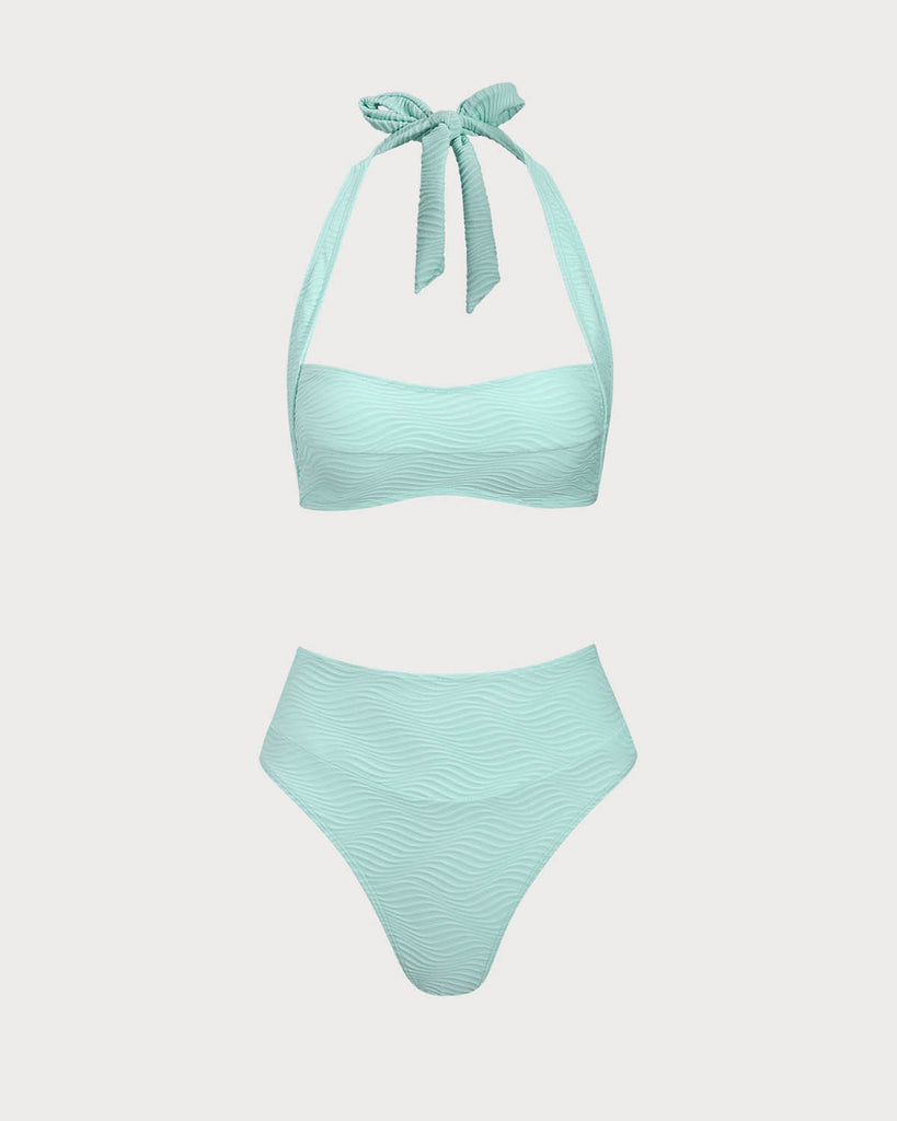 Green Wave Textured Halter Bikini Set