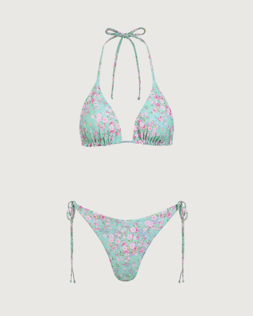 Green Floral Halter Triangle Bikini Set