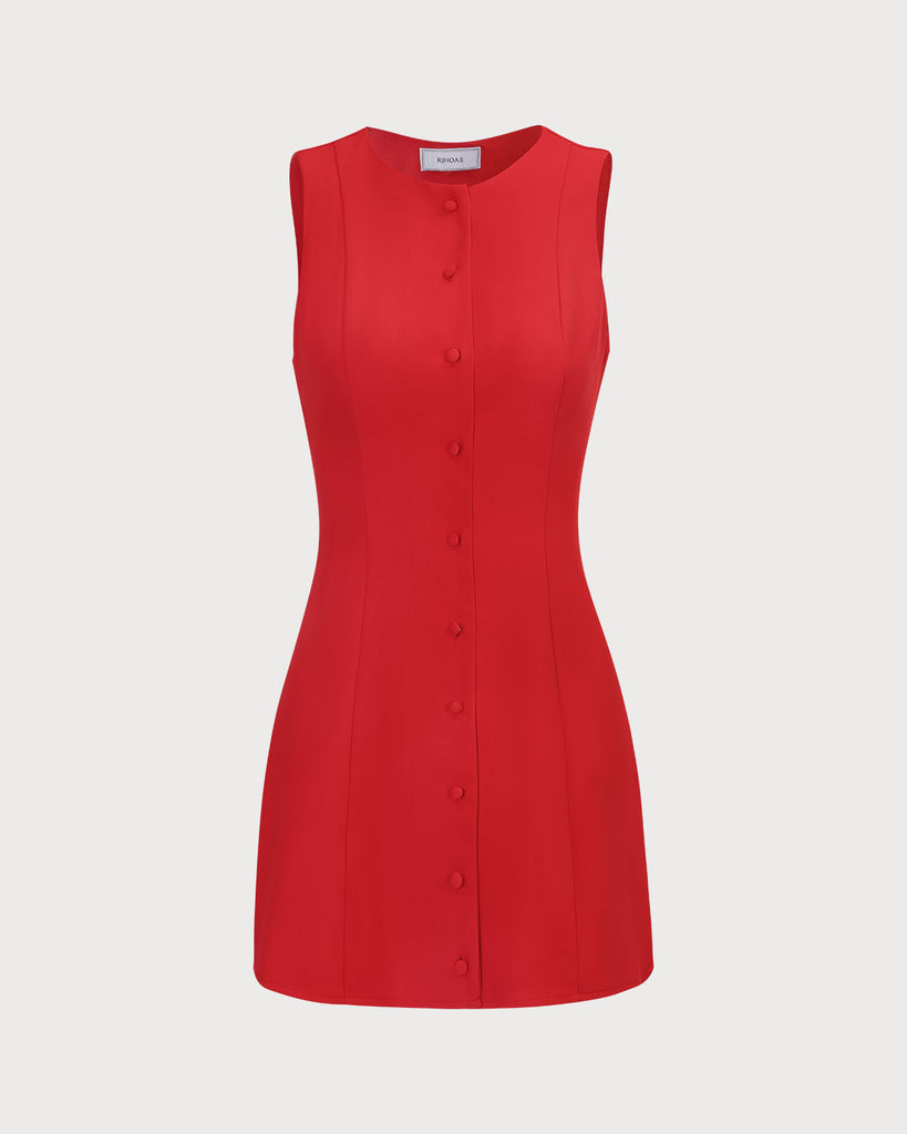 The Red Round Neck Button Mini Dress Red Dresses - RIHOAS