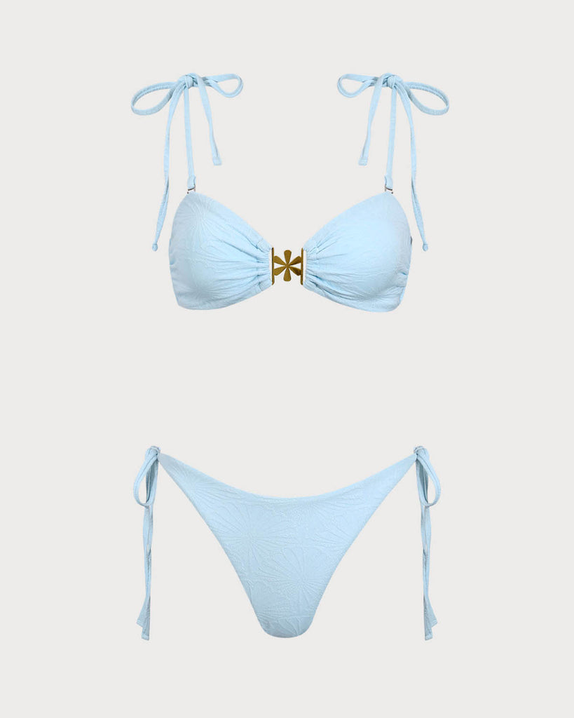 Blue Textured Drawstring Bikini Set