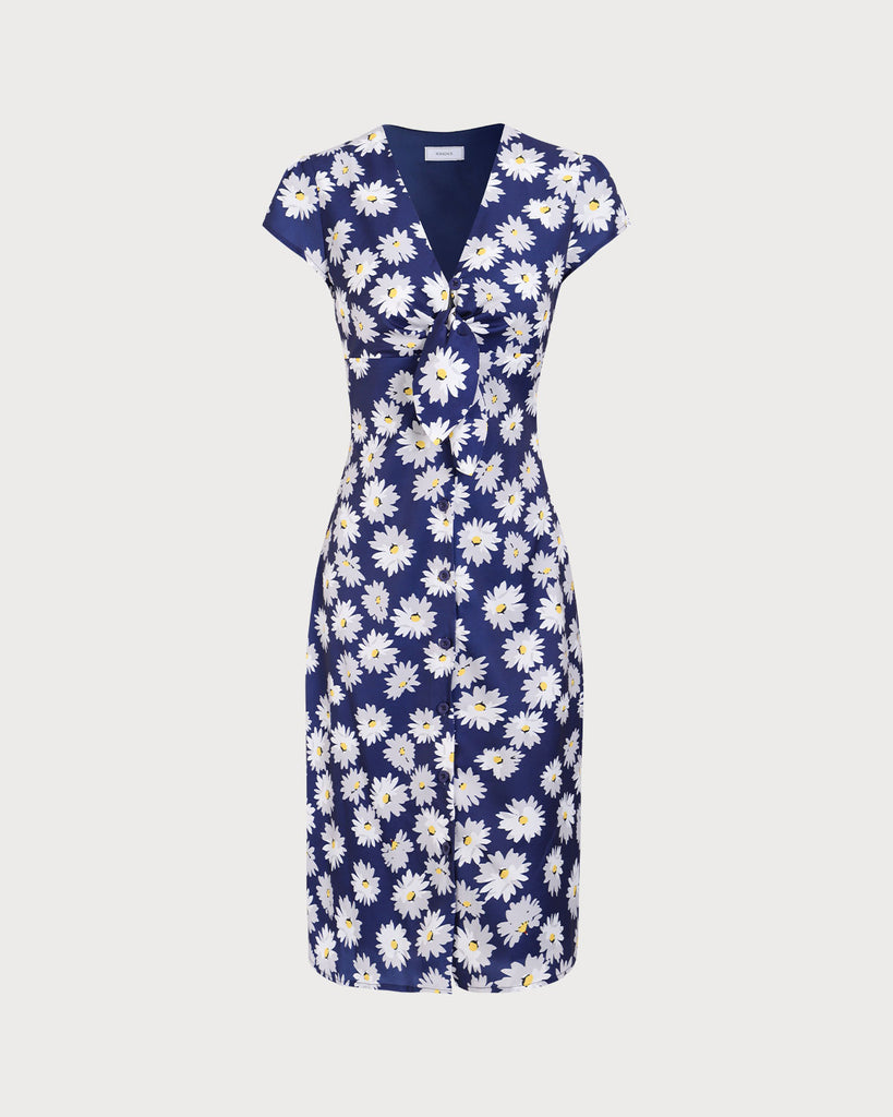 Women's Navy Button-Up Floral Midi Dresses