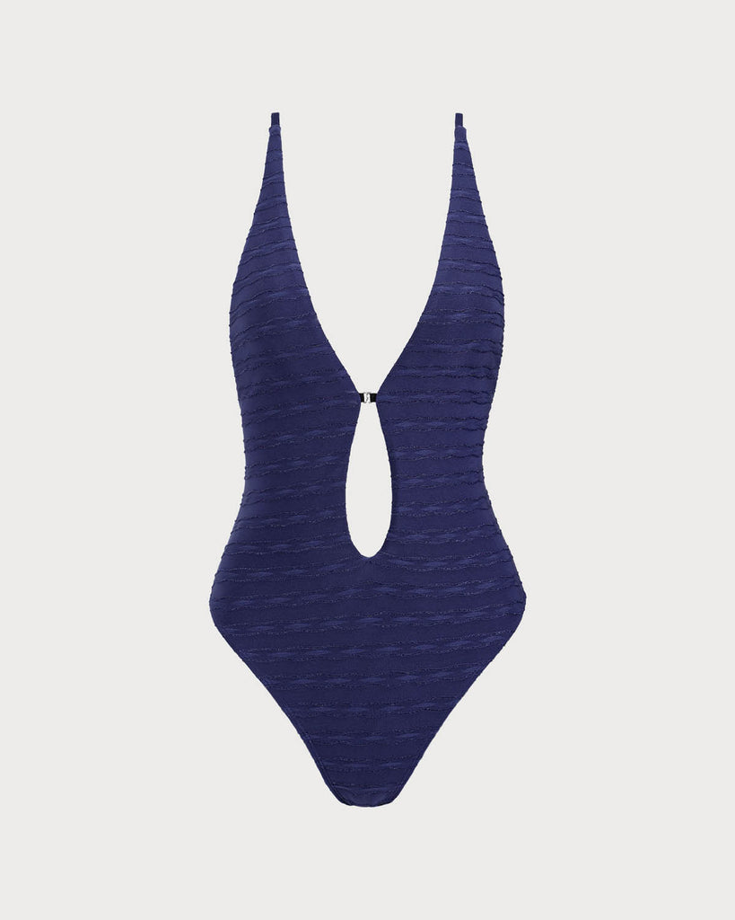 Blue Textured Tie Front One-Piece Swimsuit